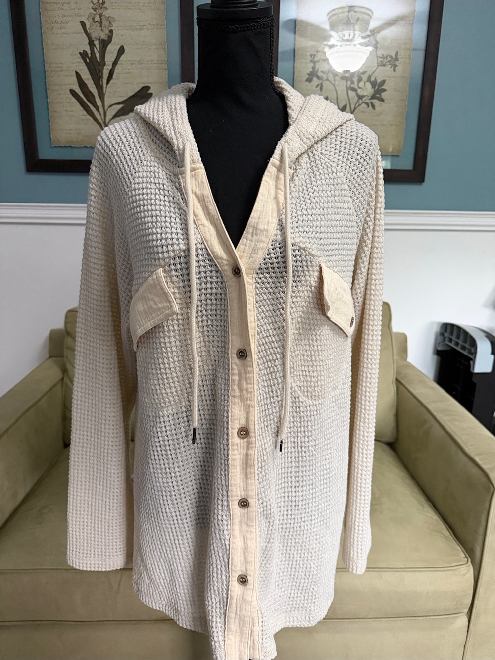 Neutral Cream Hooded Waffle-Knit Button-Front Cardigan